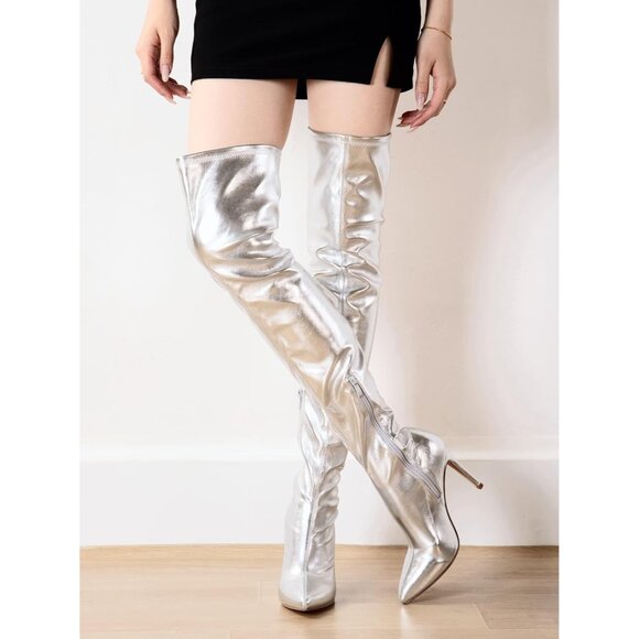Women Silver Polyurethane Over The Knee High Stretchy Leather Thigh High Boots - Picture 3 of 5